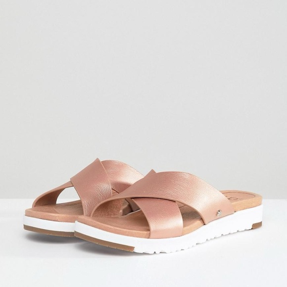 Ugg Women's Metallic Kari Rose Gold Cross Strap Slides Size 7 GUC - Picture 2 of 3